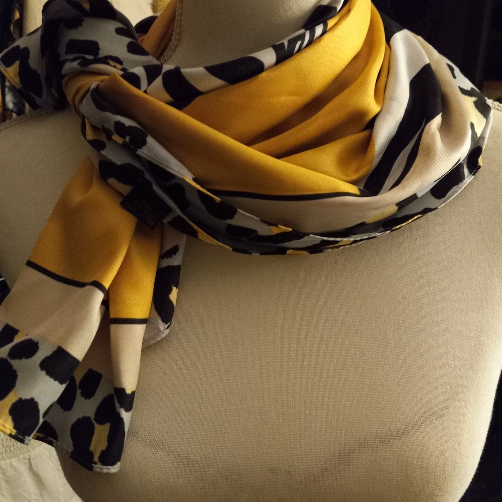 New,2 zebra pattern 35 inch scarf aganist gold background & border trim 100%poly - Picture 1 of 8